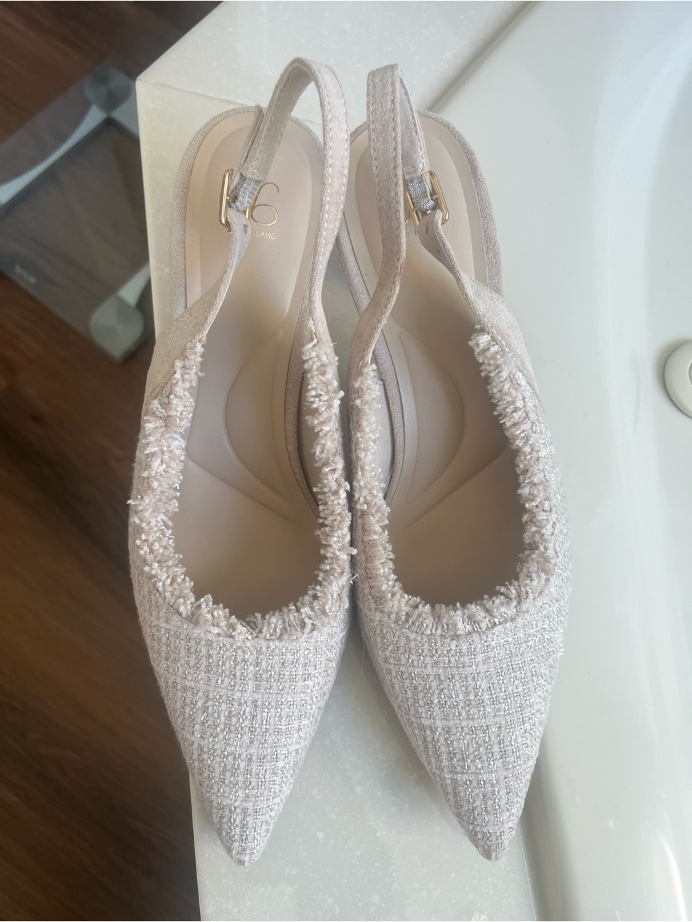 Tweed Pointed Slingback Flats in Soft Beige